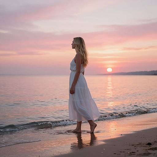 Photograph of a blonde woman in a white, sleeveless summer dress walking on a beach at sunset, with pink and orange sky.
