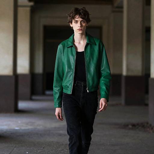 Photograph of a young man with tousled brown hair, wearing a green leather jacket over a black shirt and pants, walking down a dimly lit