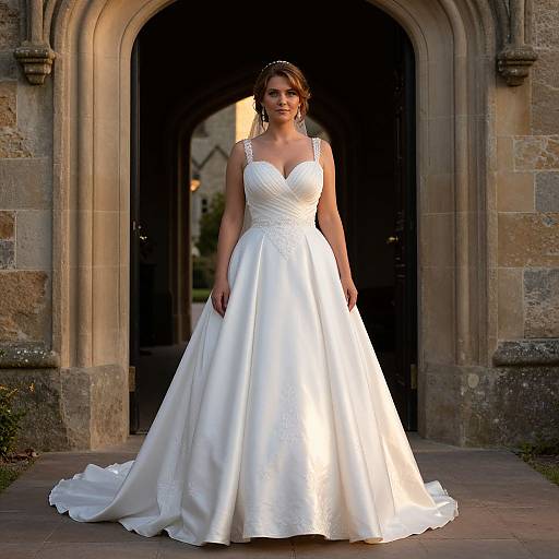Photograph of a beautiful brunette bride in a white, lace-trimmed, V-neck wedding gown with a full skirt, standing in front of a