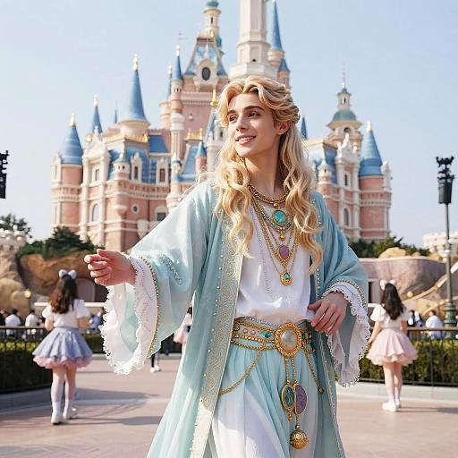 Photograph of a smiling blonde woman in a blue and white fantasy-inspired outfit with intricate jewelry, standing in front of a bright, sunlit Disney castle