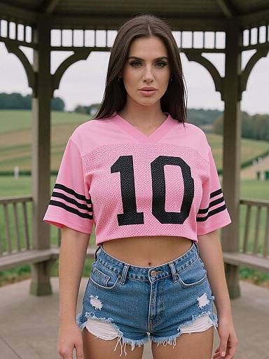 Photograph of a brunette woman with straight hair, wearing a pink football jersey with black stripes and number 10, and distressed denim shorts, standing in