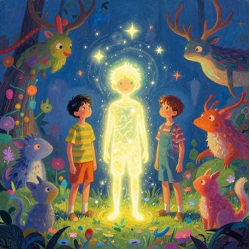 Vibrant digital illustration: Two boys in colorful clothes gaze at a glowing, ethereal figure surrounded by fantastical creatures in a magical forest.