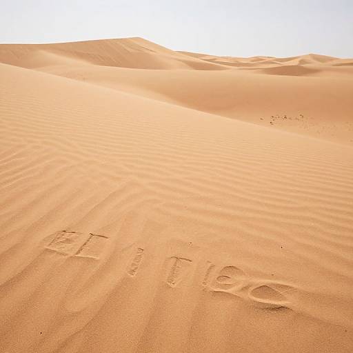 Photograph of a sunlit desert with rippled sand dunes, featuring three distinct footprints in the foreground. Bright, warm, golden-orange tones