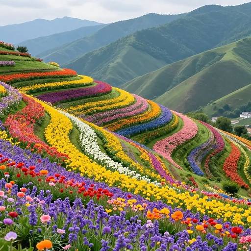 Photograph of vibrant, terraced flower fields with colorful blooms in red, yellow, purple, and orange, set against rolling green hills and distant mountains