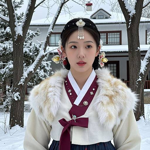 Photograph of an Asian woman in traditional winter Korean attire, with fur-lined jacket, maroon sash, ornate headpiece, snow-covered background