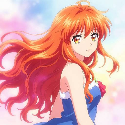 Digital anime-style illustration of a red-haired girl with long, flowing hair, amber eyes, and wearing a blue strapless dress with white trim, set