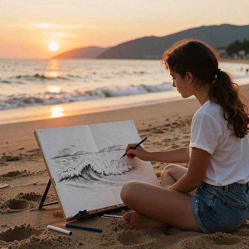 Young woman with curly brown hair, white shirt, and denim shorts, sketches ocean waves on a beach at sunset.