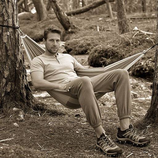 Photograph of a bearded man with short brown hair, wearing a light t-shirt, gray pants, and sneakers, lounging in a forest hamm