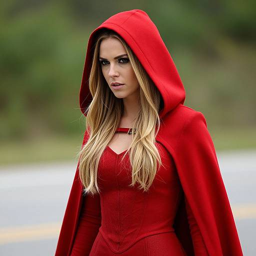 Photograph of a blonde woman with long hair, intense expression, wearing a red hooded cape and dress, against a blurred green and white background.