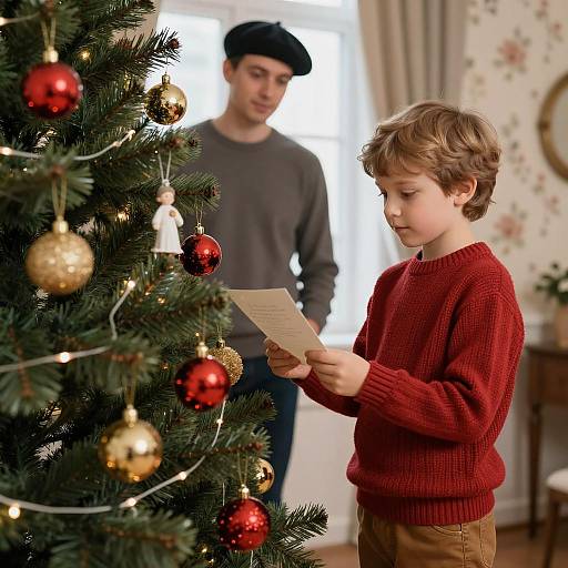 Boy Reading Letter by Christmas Tree