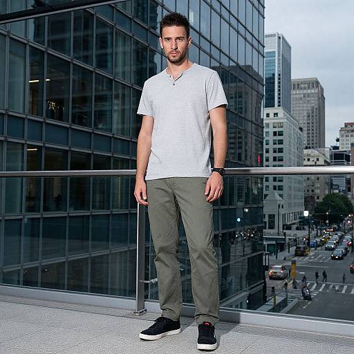 Photograph of a young man with short dark hair and beard, wearing a white V-neck t-shirt, gray pants, and black sneakers, standing on