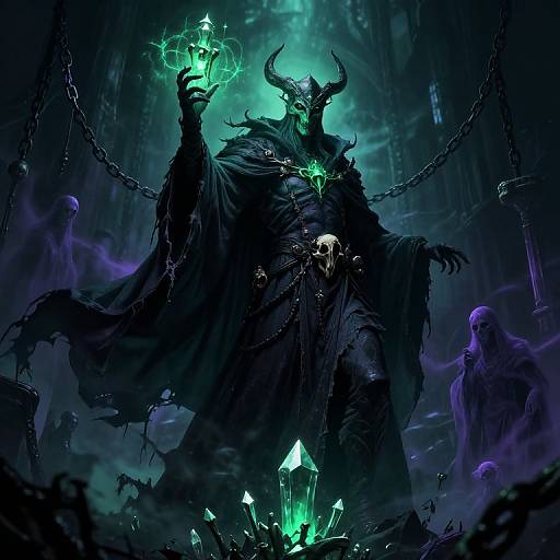 Digital artwork of a dark, horned demon with glowing green eyes and magical orbs, surrounded by chains and eerie blue-green light.