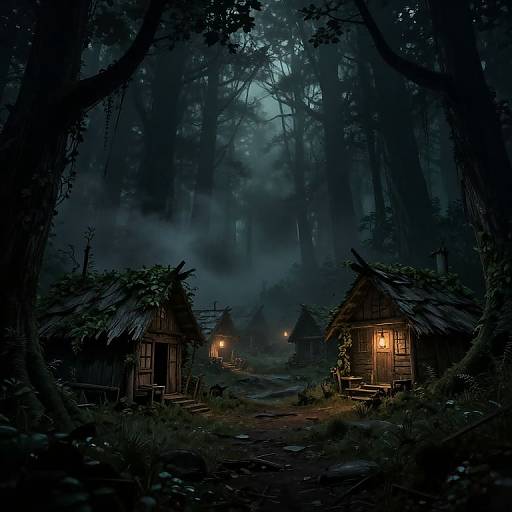 Mysterious, dark forest at night with glowing lanterns in rustic, thatched huts. Mist shrouds trees, creating an eerie, enchant