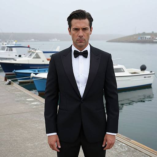 Photograph of a serious, dark-haired man in a black tuxedo with white shirt and black bow tie, standing on a dock with boats in