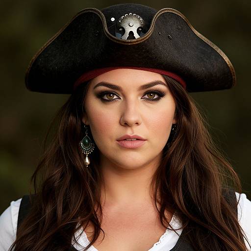 Photograph of a woman with long brown hair, wearing a black pirate hat, white shirt, and green earrings, with a serious expression.