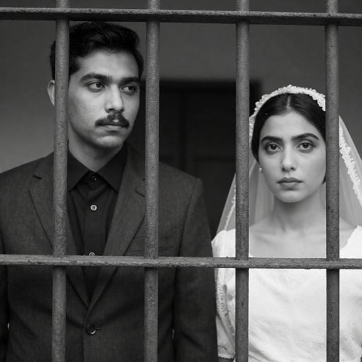 Man and Woman Behind Rusted Bars in Black and White
