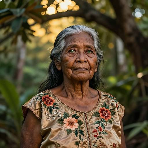 Photograph of an elderly Indian woman with gray hair, wrinkled skin, green eyes, wearing a floral-patterned, gold blouse, standing in a