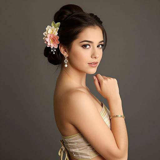 Photograph of a beautiful woman with fair skin, dark hair in an updo adorned with pink and white flowers, wearing gold strapless dress, pearl