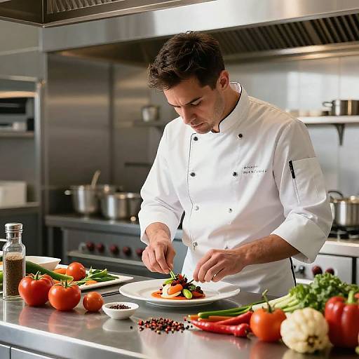 Photograph of a male chef in a white uniform, plating colorful vegetables on a white plate in a modern stainless steel kitchen. Fresh vegetables and cond