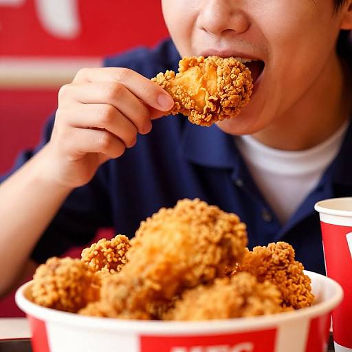 Photograph of an Asian man with short black hair, wearing a navy shirt, eating a crispy fried chicken nugget from a white bowl filled with similar
