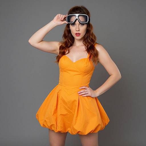 Photograph of a fair-skinned woman with long red hair, wearing an orange sleeveless dress and black snorkeling mask, adjusting it against a gray