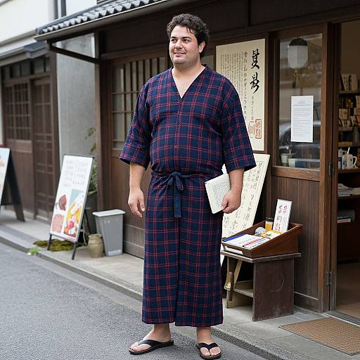 Photograph of a middle-aged Asian man with short, dark hair, wearing a black and red plaid yukata, standing outside a traditional Japanese