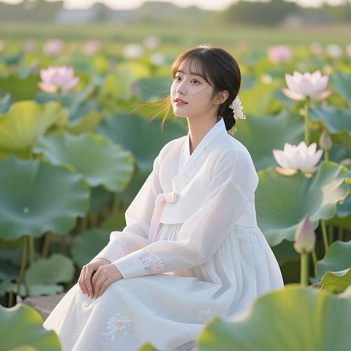 Photograph of an Asian woman with black hair in a white traditional Korean hanbok, sitting in a blooming lotus pond at sunset, wearing