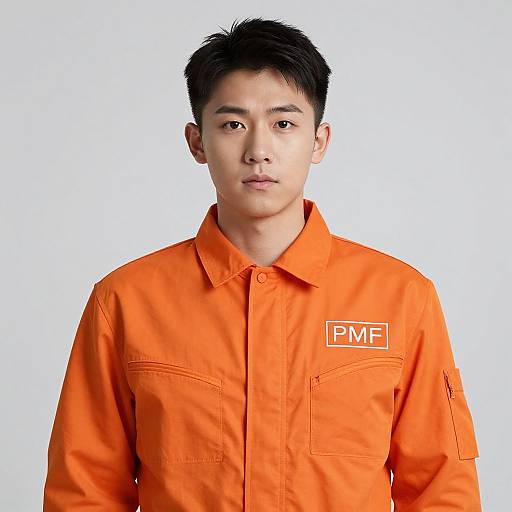 Photograph of an Asian man with short black hair, wearing an orange prison uniform with 