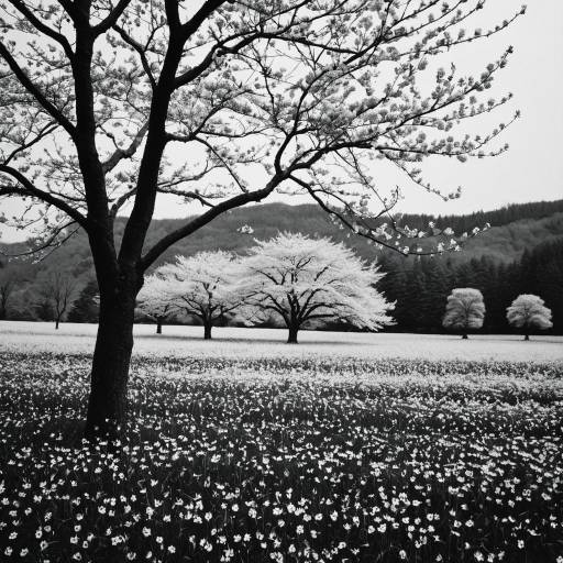 Monochrome Cherry Blossom Landscape