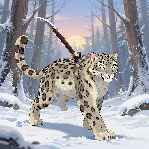 Digital illustration of a snow leopard with a sheathed sword strapped to its back, walking through a snowy forest at sunset.