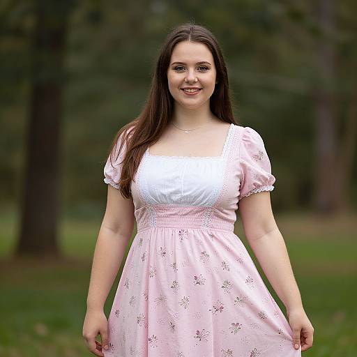 Photograph of a smiling young woman with long brown hair, wearing a light pink, floral-patterned dress, standing in a blurred green forest.
