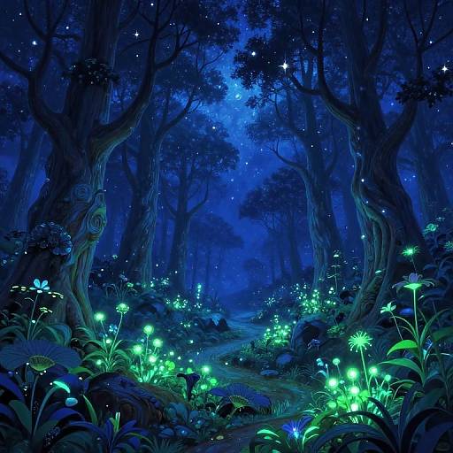 Digital illustration of a magical, glowing blue forest at night, with luminescent green plants, towering dark trees, and a starry sky.