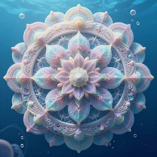 Underwater photograph of a vibrant, intricately detailed, multi-layered, pastel-hued, flower-like jellyfish with delicate, lace-like petals