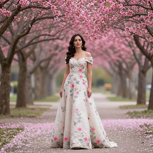 Photograph of a dark-haired woman in an off-shoulder white floral gown standing on a pink cherry blossom-lined path.