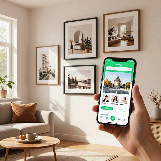 Photograph of a bright, modern living room with framed black-and-white photos on white walls, a hand holding a green-screened smartphone, beige sofa