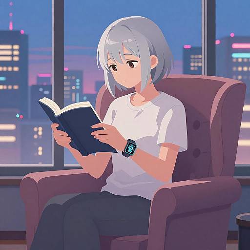 Teen Girl Reading in Neon Cityscape