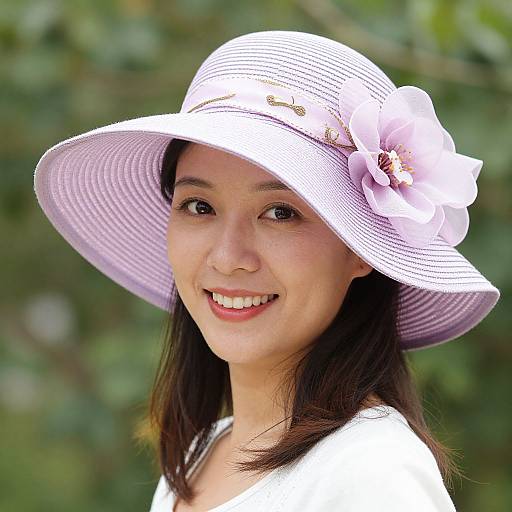 Photograph of a smiling Asian woman with straight black hair, wearing a white sunhat adorned with a large pink flower, against a blurred green foliage background