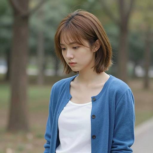Young Woman in Blue Cardigan Outdoors