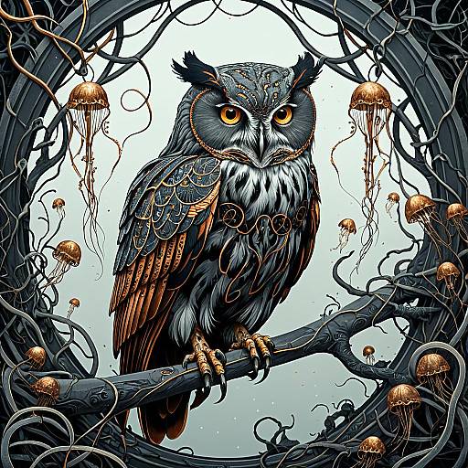Surreal Abyssal Owl Among Jellyfish
