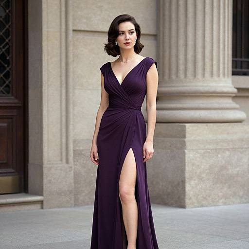 Photograph of a dark-haired woman in a deep purple, sleeveless, V-neck gown with a high thigh slit, standing in front of a stone