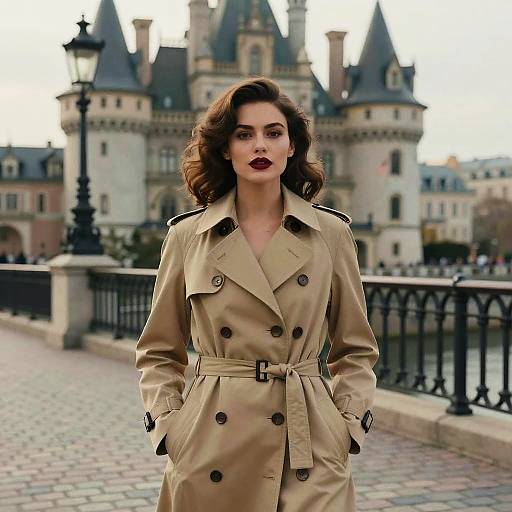 Photograph of a brunette woman with wavy hair, wearing a beige trench coat, standing in front of a castle-like building. Cobblestone path