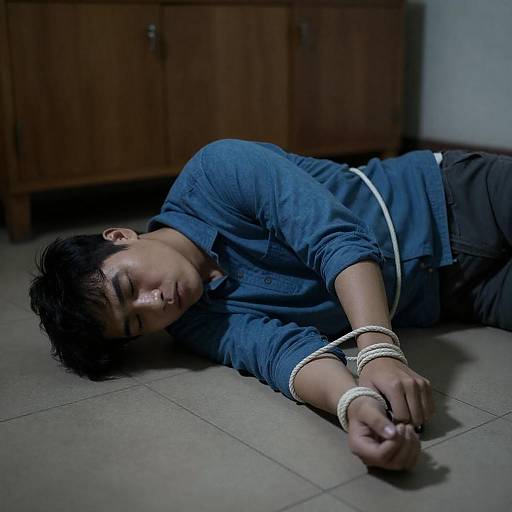 Man Bound on Floor in Blue Shirt