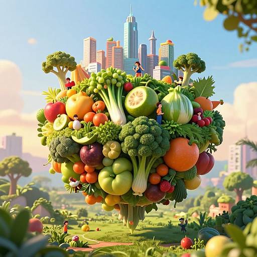 CGI image: giant fruit and vegetable bouquet with mini people, floating above lush field, cityscape skyline in background, vibrant colors.