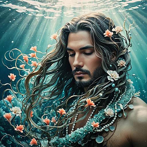 Surreal Underwater Portrait of Man with Floral Hair