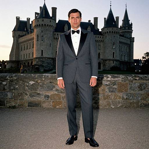 Photograph of a serious, fair-skinned man in a black tuxedo with a white shirt and black bow tie, standing in front of a