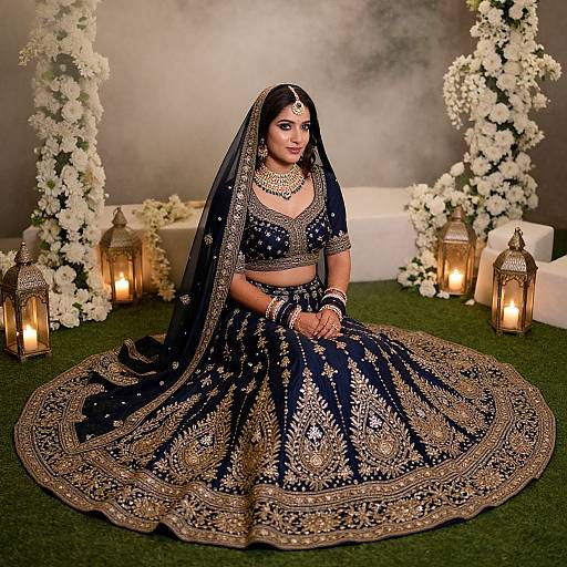 Indian bride in elaborate navy blue and gold embroidered lehenga, seated on green grass, surrounded by white flowers and lanterns. Photograph.