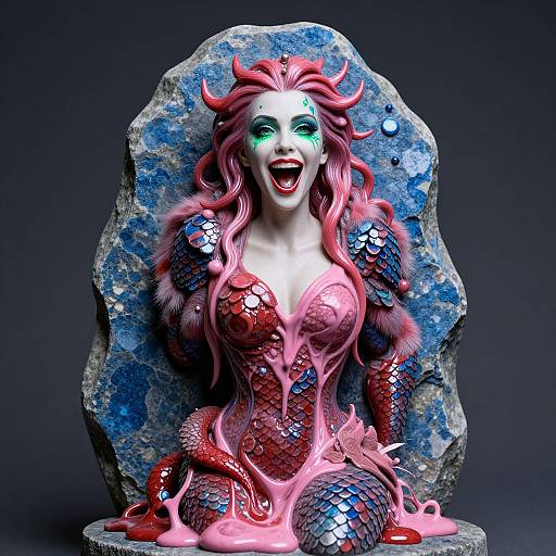 Digital art of a screaming mermaid-like creature with pink hair, green eyes, red scales, and blue stone background, surrounded by pink slime.