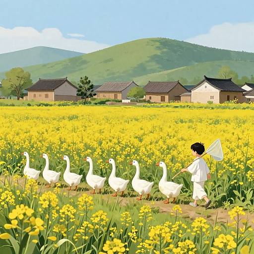 Digital art of a child with black hair in white clothes, guiding white ducks through a vibrant yellow flower field, with traditional houses and green hills in the