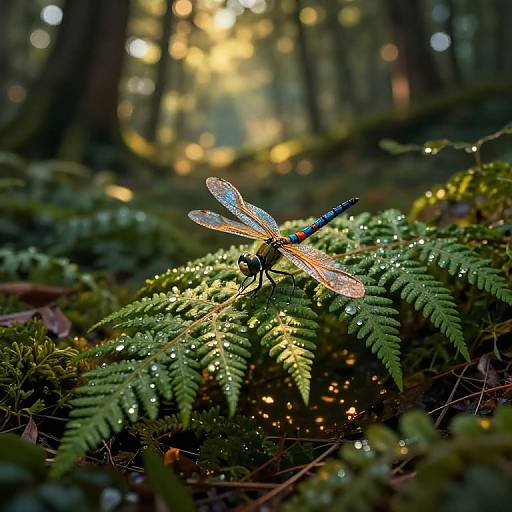 Surreal Dragonfly on Enchanted Forest Floor