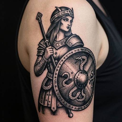 Black and gray tattoo of a medieval female warrior with a crown, holding a sword and shield, on a person's arm.